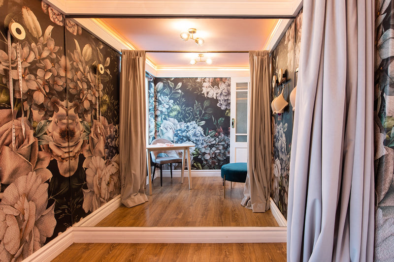 Liza Clifford studio — fitting room with curtain